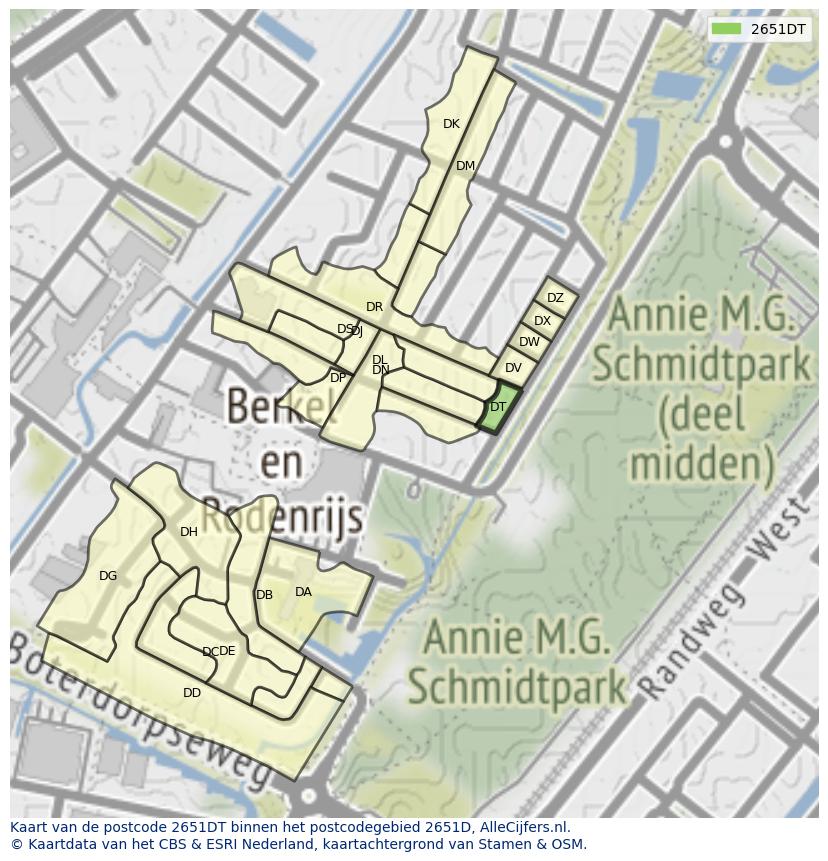Afbeelding van het postcodegebied 2651 DT op de kaart.