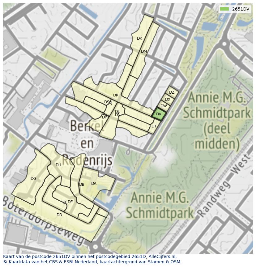 Afbeelding van het postcodegebied 2651 DV op de kaart.