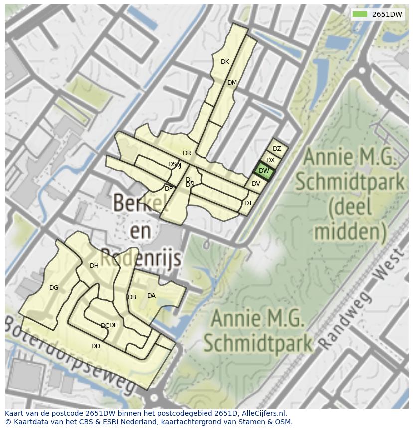 Afbeelding van het postcodegebied 2651 DW op de kaart.