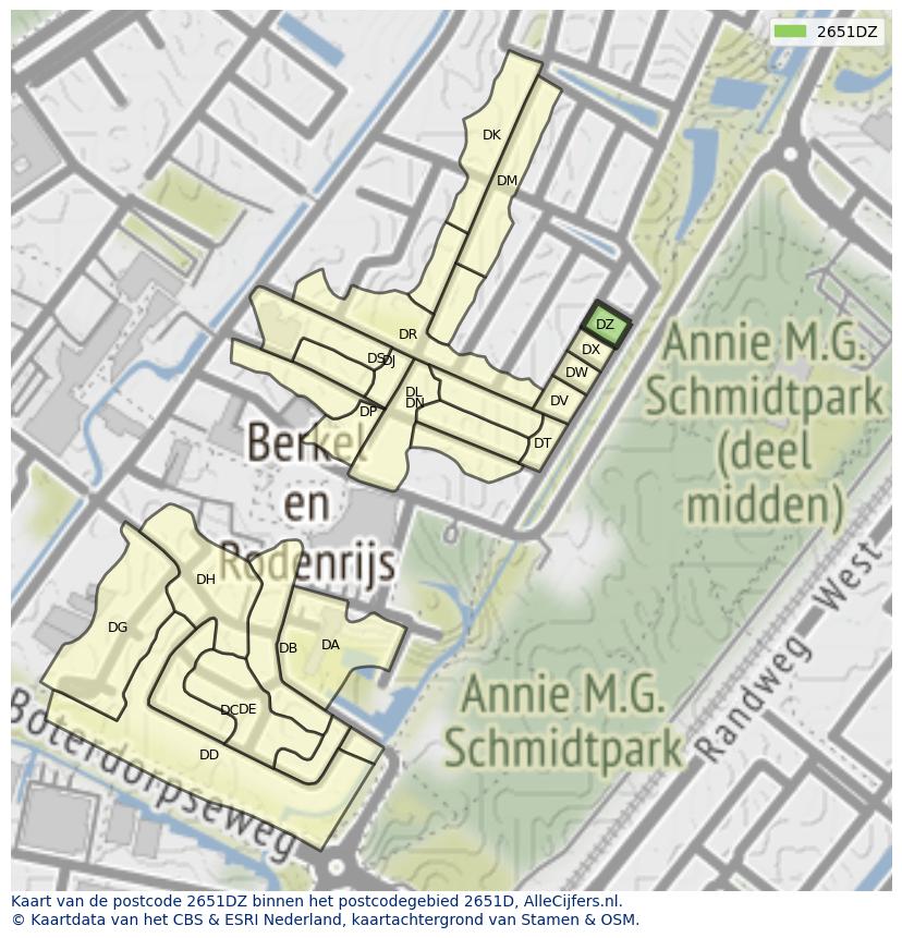 Afbeelding van het postcodegebied 2651 DZ op de kaart.
