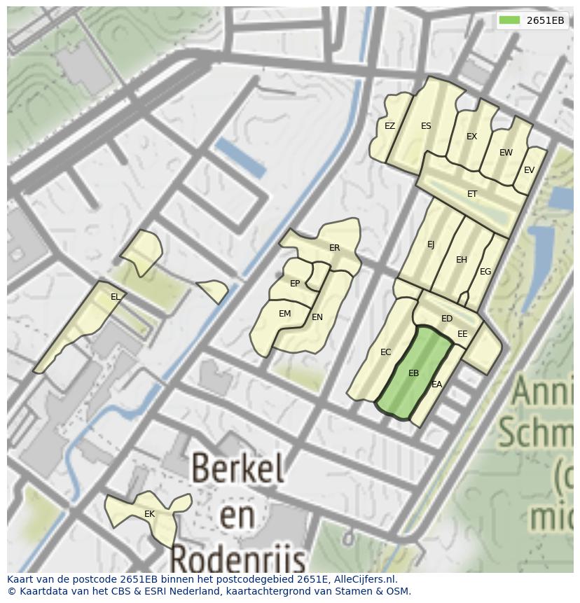 Afbeelding van het postcodegebied 2651 EB op de kaart.