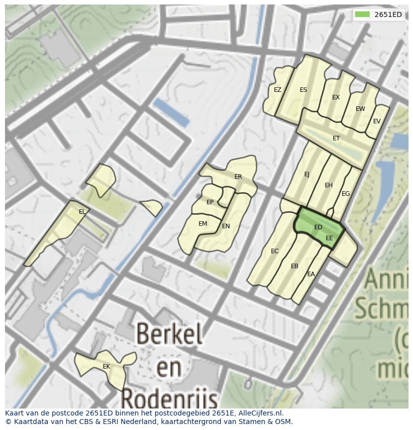 Afbeelding van het postcodegebied 2651 ED op de kaart.