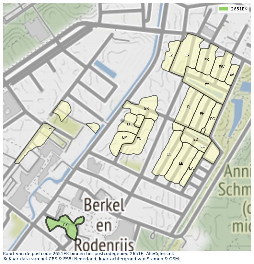 Afbeelding van het postcodegebied 2651 EK op de kaart.