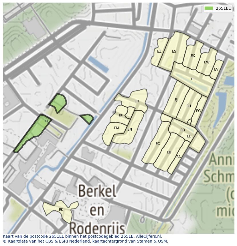 Afbeelding van het postcodegebied 2651 EL op de kaart.