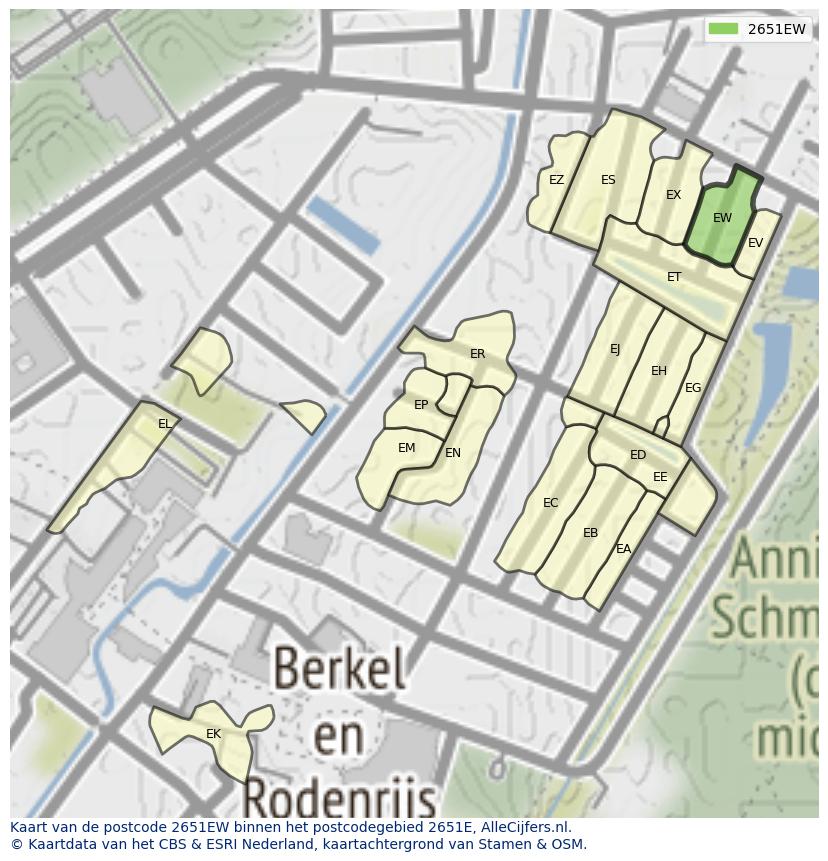 Afbeelding van het postcodegebied 2651 EW op de kaart.