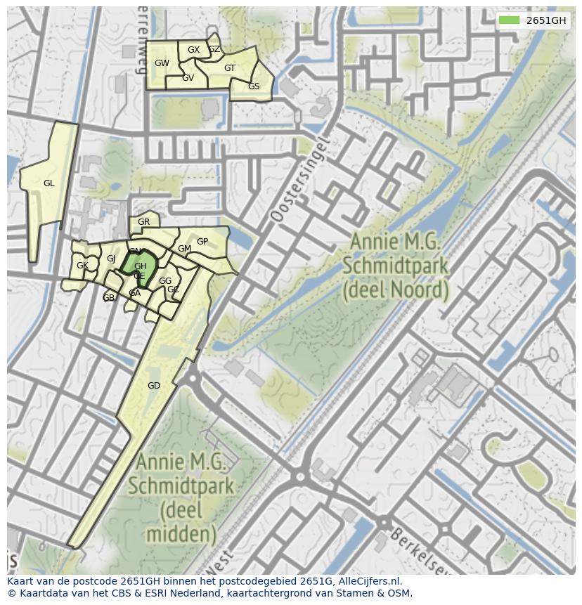 Afbeelding van het postcodegebied 2651 GH op de kaart.