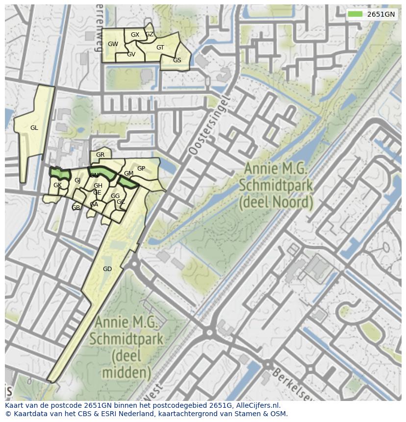 Afbeelding van het postcodegebied 2651 GN op de kaart.