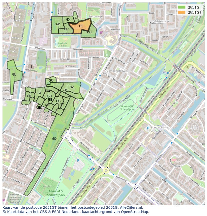 Afbeelding van het postcodegebied 2651 GT op de kaart.