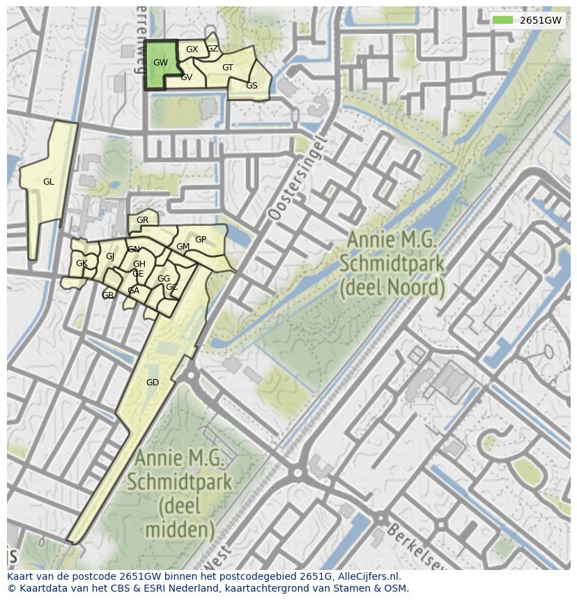 Afbeelding van het postcodegebied 2651 GW op de kaart.