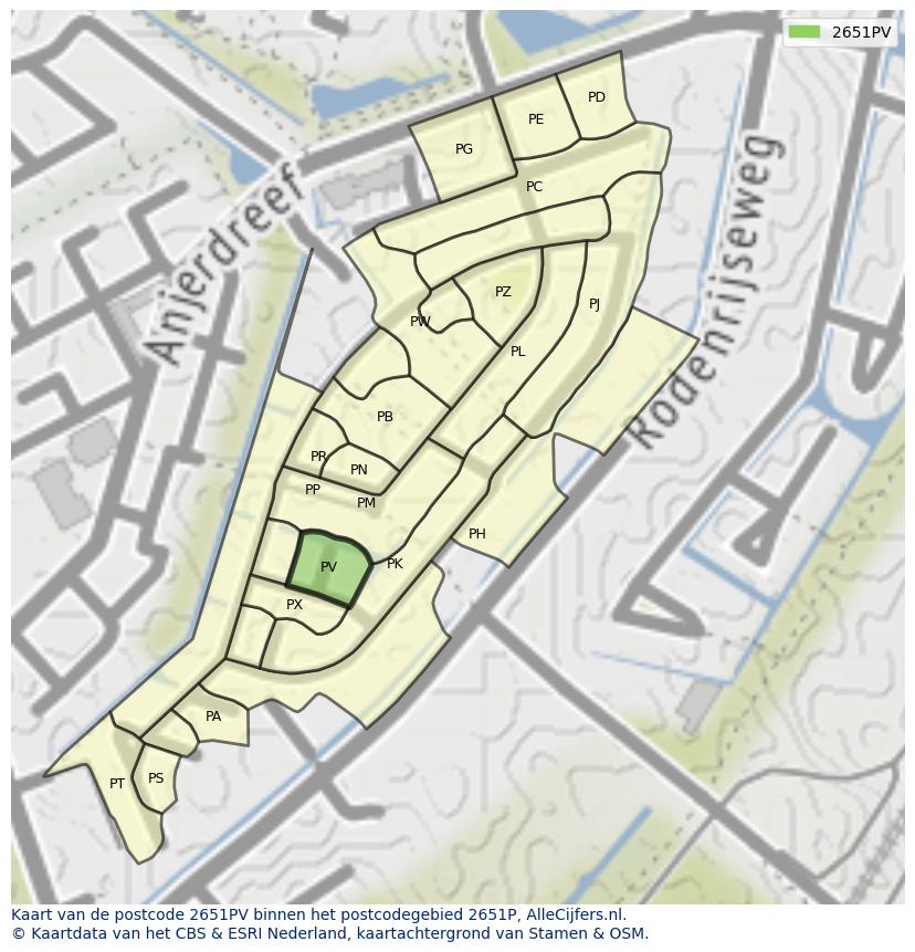 Afbeelding van het postcodegebied 2651 PV op de kaart.