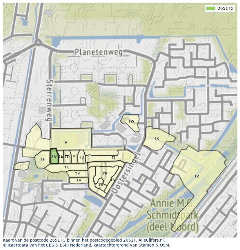 Afbeelding van het postcodegebied 2651 TG op de kaart.