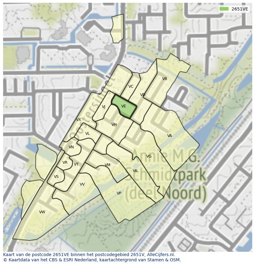Afbeelding van het postcodegebied 2651 VE op de kaart.