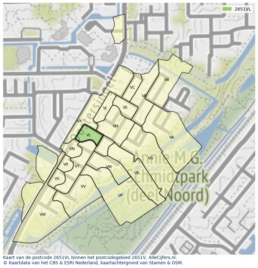 Afbeelding van het postcodegebied 2651 VL op de kaart.