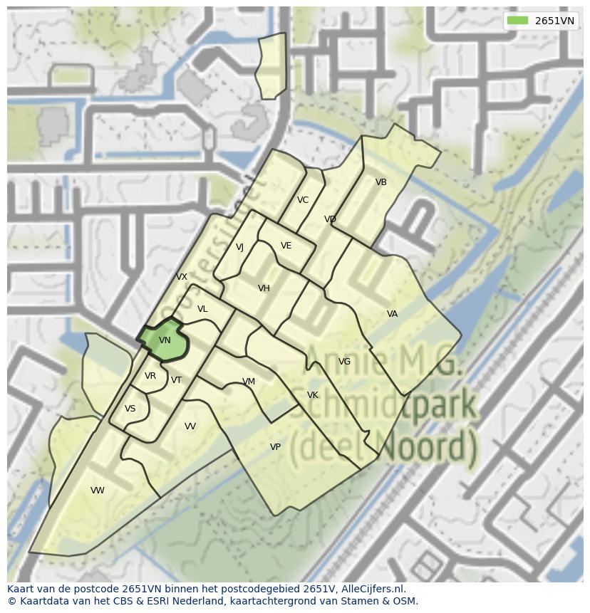Afbeelding van het postcodegebied 2651 VN op de kaart.