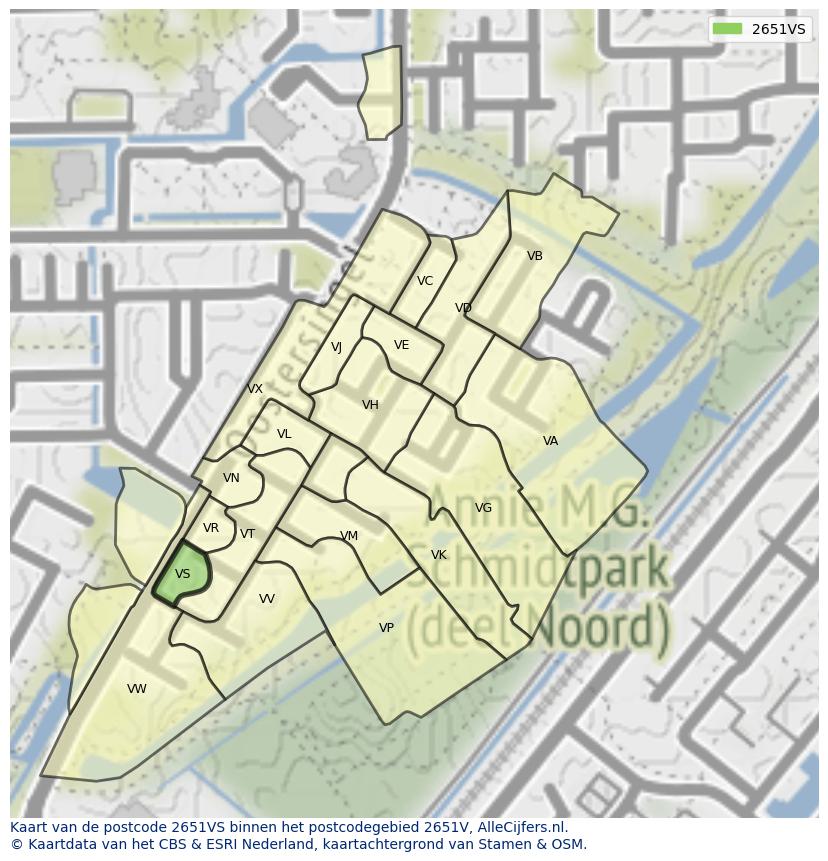 Afbeelding van het postcodegebied 2651 VS op de kaart.
