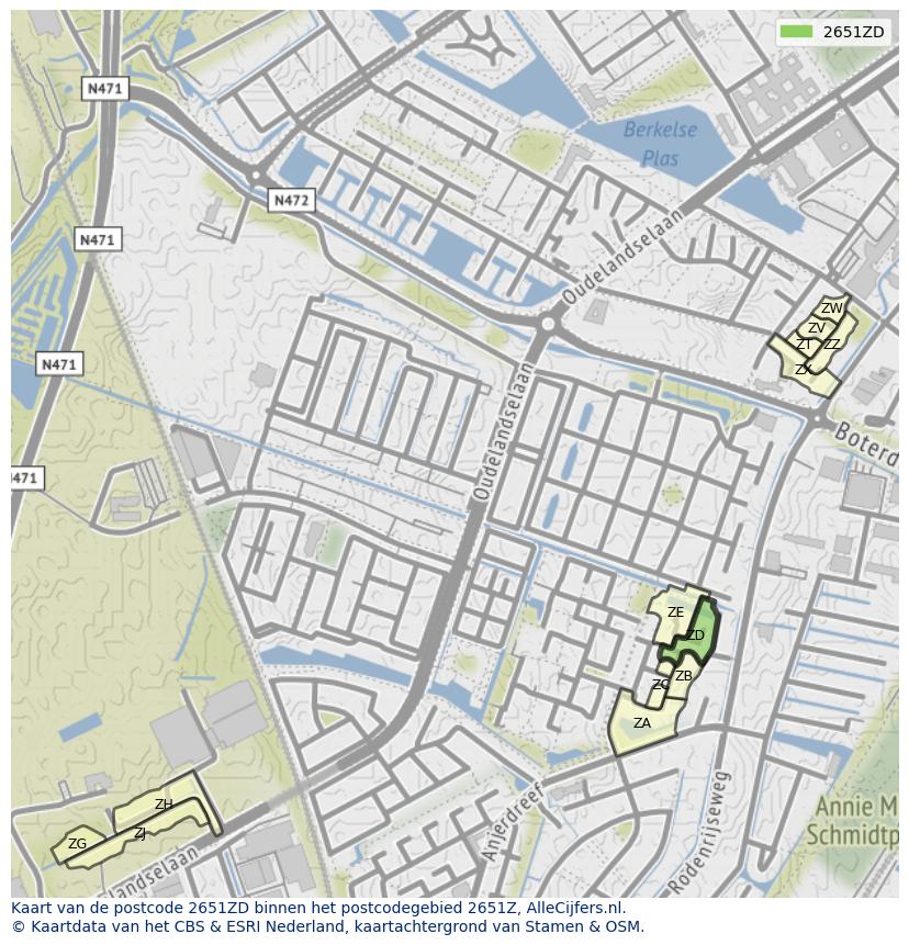 Afbeelding van het postcodegebied 2651 ZD op de kaart.