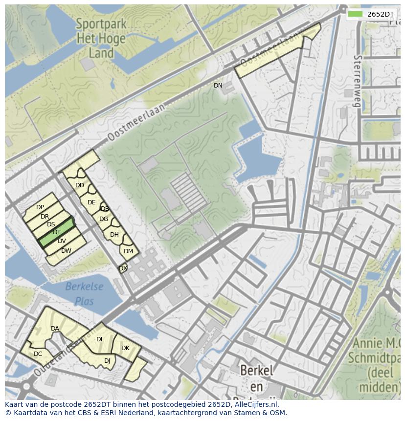 Afbeelding van het postcodegebied 2652 DT op de kaart.
