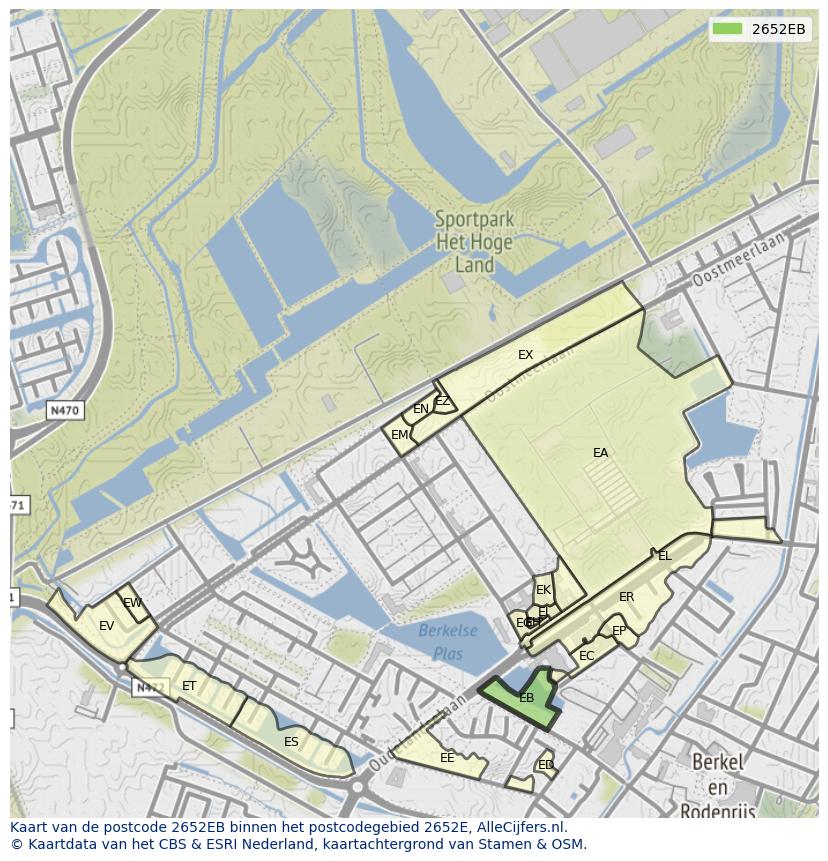 Afbeelding van het postcodegebied 2652 EB op de kaart.