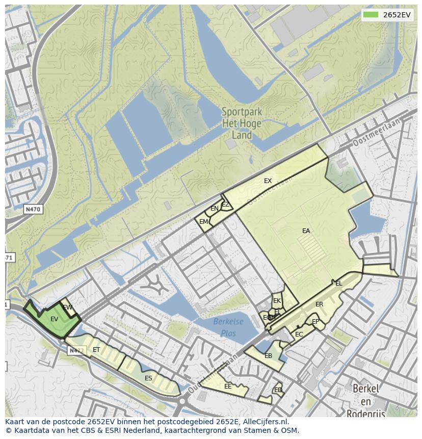 Afbeelding van het postcodegebied 2652 EV op de kaart.