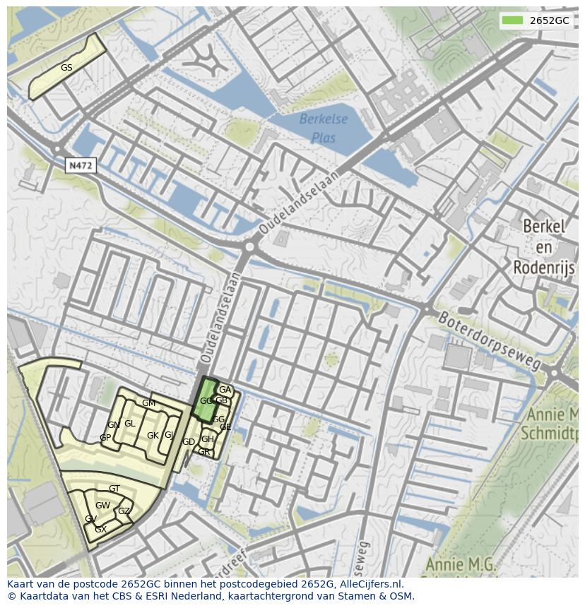 Afbeelding van het postcodegebied 2652 GC op de kaart.