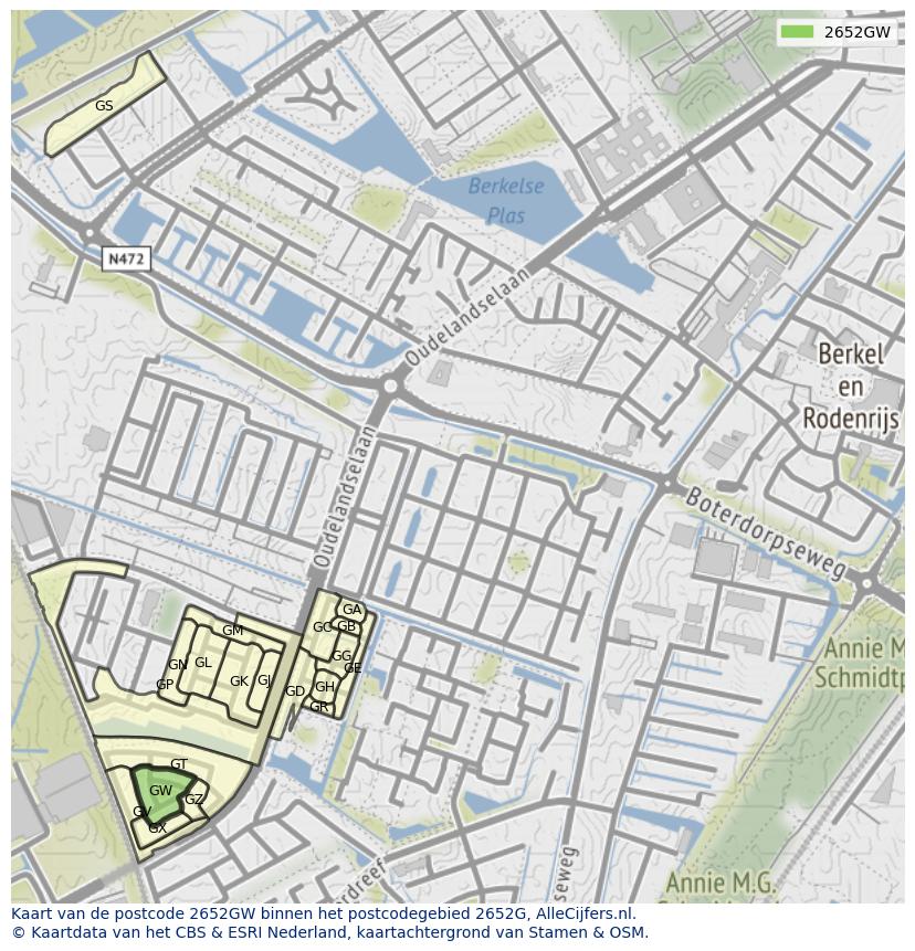 Afbeelding van het postcodegebied 2652 GW op de kaart.