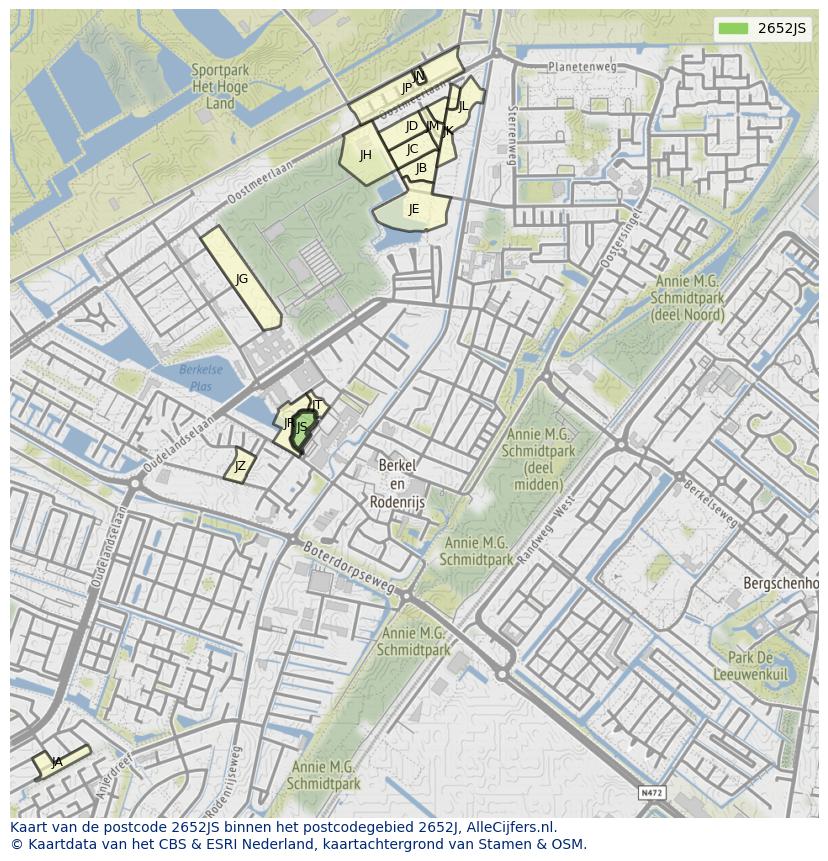 Afbeelding van het postcodegebied 2652 JS op de kaart.