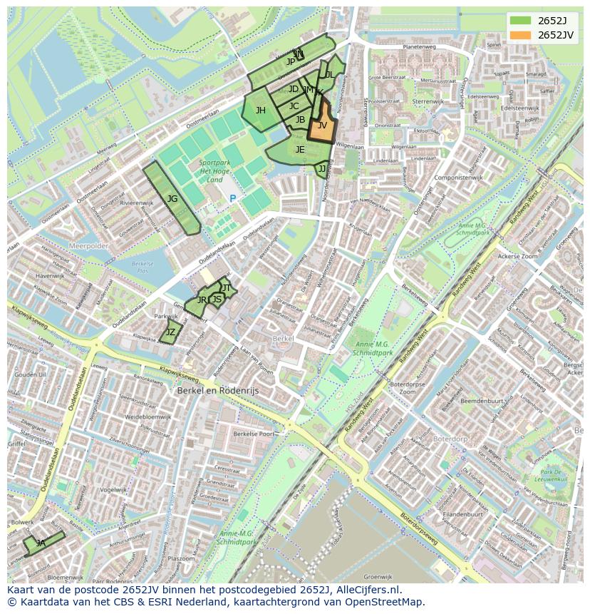 Afbeelding van het postcodegebied 2652 JV op de kaart.