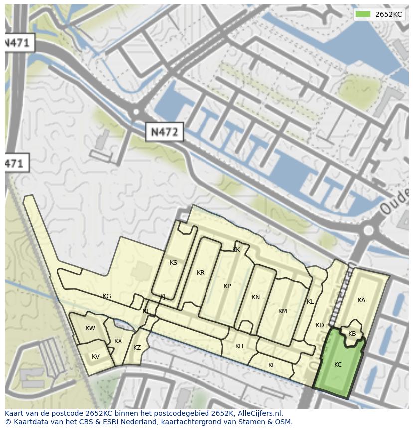 Afbeelding van het postcodegebied 2652 KC op de kaart.