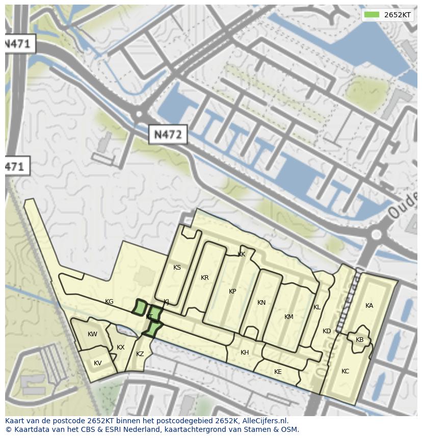 Afbeelding van het postcodegebied 2652 KT op de kaart.
