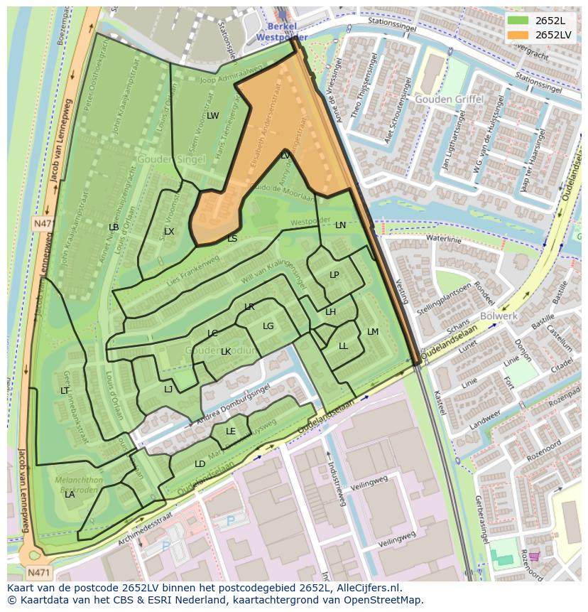 Afbeelding van het postcodegebied 2652 LV op de kaart.