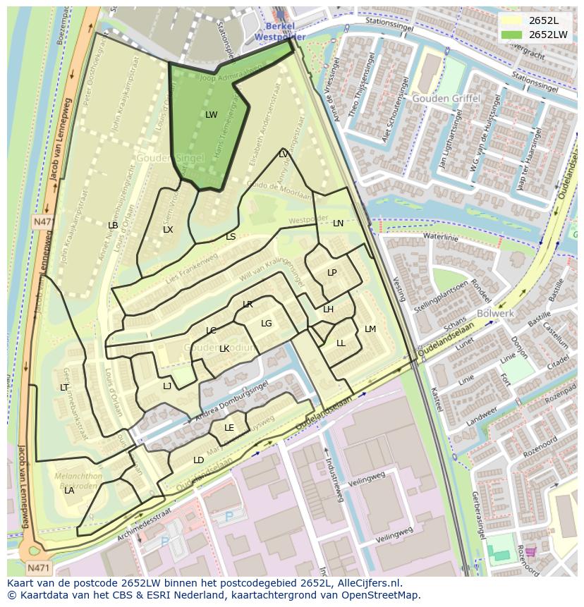 Afbeelding van het postcodegebied 2652 LW op de kaart.