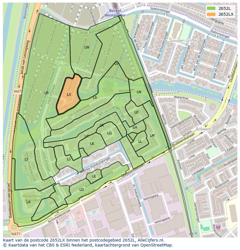 Afbeelding van het postcodegebied 2652 LX op de kaart.