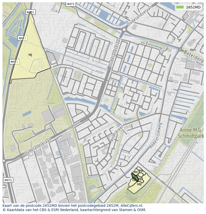 Afbeelding van het postcodegebied 2652 MD op de kaart.