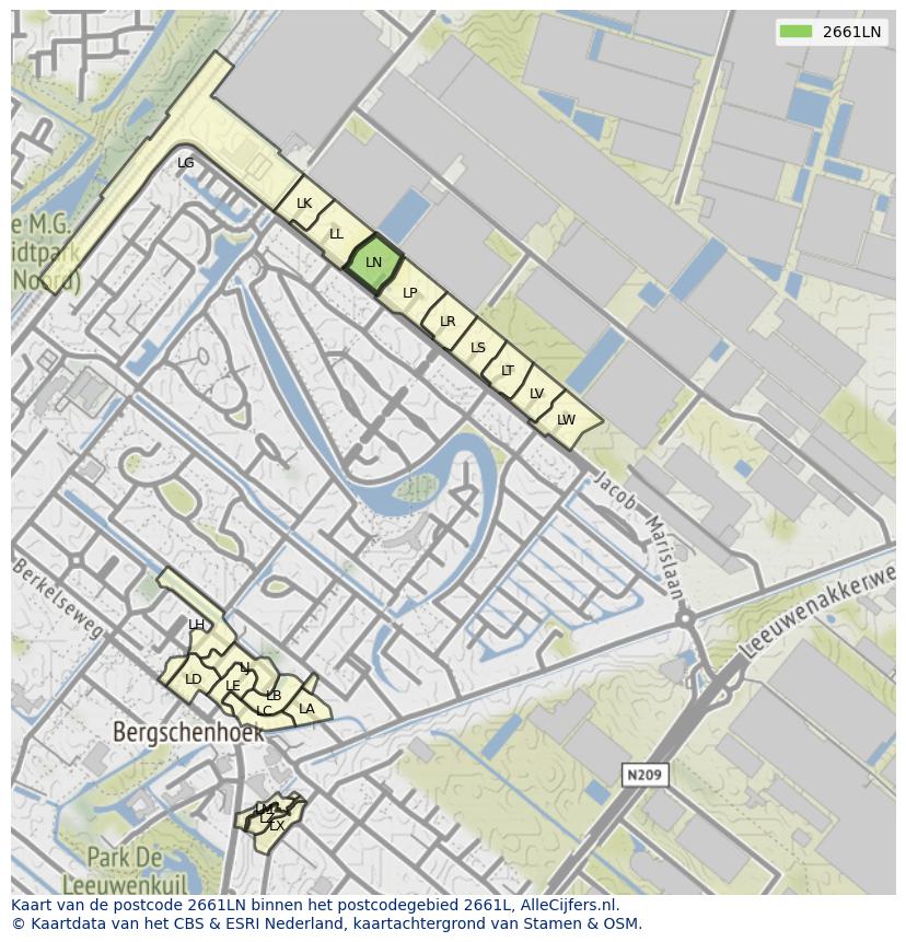Afbeelding van het postcodegebied 2661 LN op de kaart.