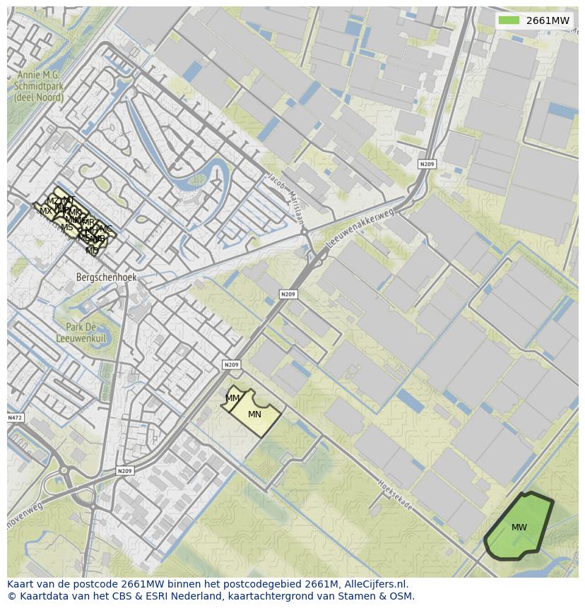 Afbeelding van het postcodegebied 2661 MW op de kaart.