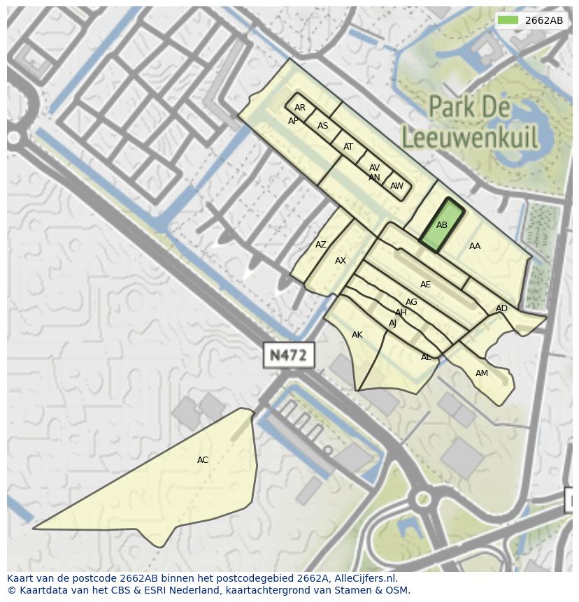 Afbeelding van het postcodegebied 2662 AB op de kaart.