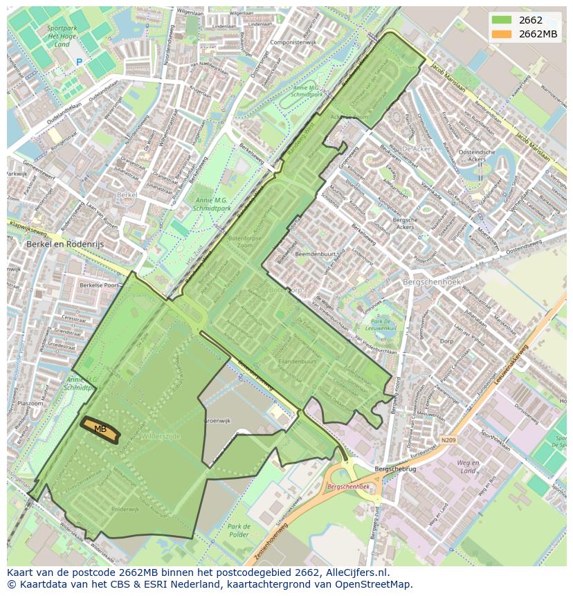 Afbeelding van het postcodegebied 2662 MB op de kaart.