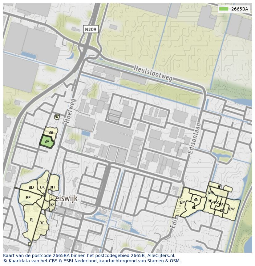 Afbeelding van het postcodegebied 2665 BA op de kaart.