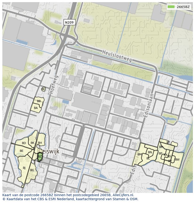 Afbeelding van het postcodegebied 2665 BZ op de kaart.