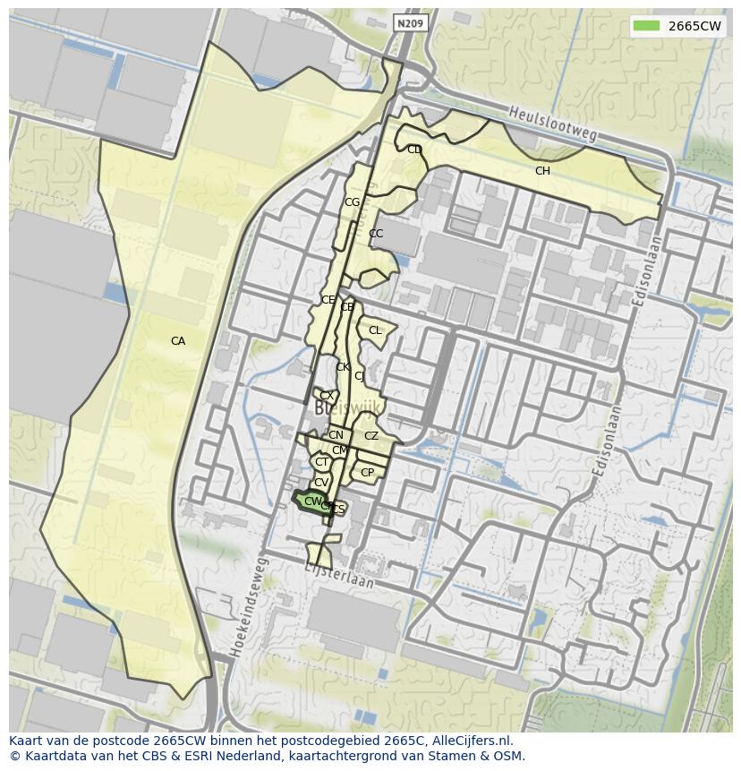 Afbeelding van het postcodegebied 2665 CW op de kaart.