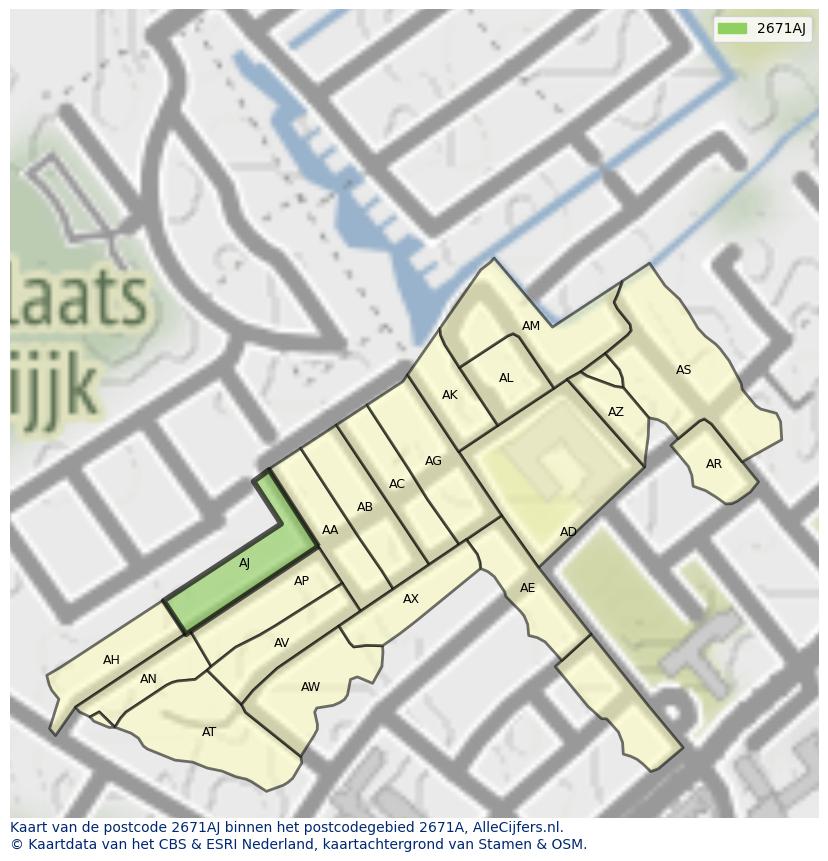 Afbeelding van het postcodegebied 2671 AJ op de kaart.
