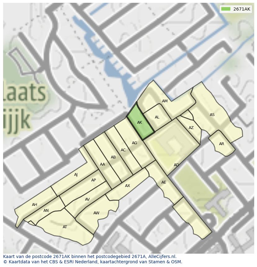 Afbeelding van het postcodegebied 2671 AK op de kaart.