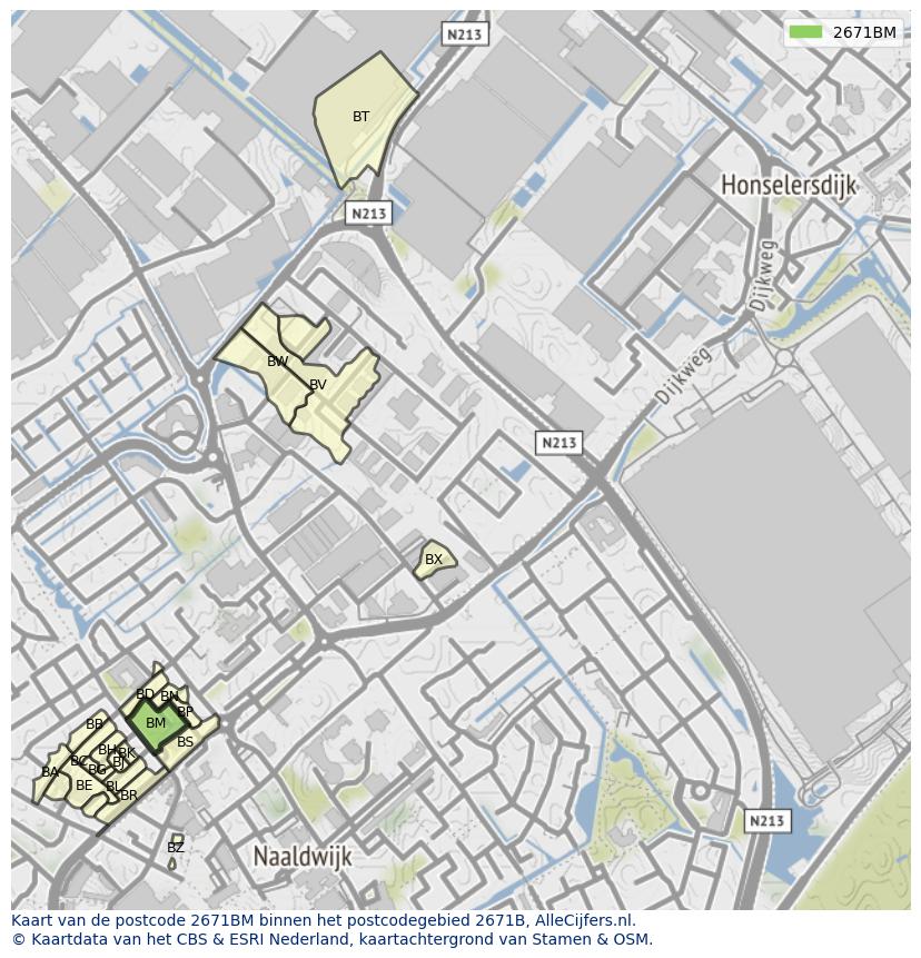 Afbeelding van het postcodegebied 2671 BM op de kaart.