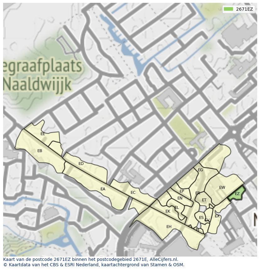 Afbeelding van het postcodegebied 2671 EZ op de kaart.