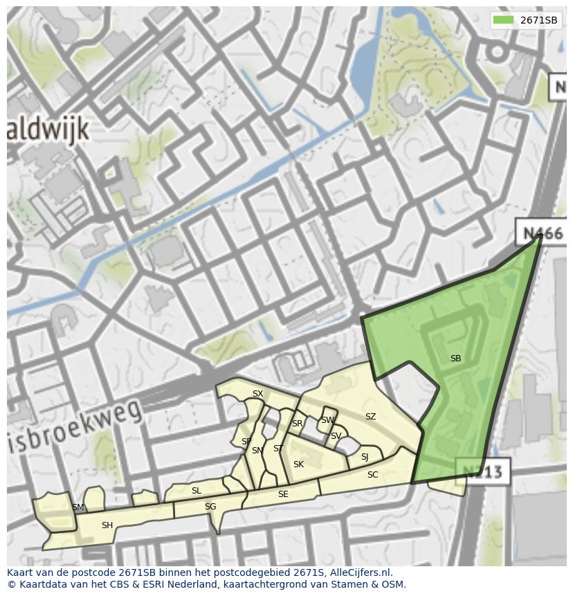 Afbeelding van het postcodegebied 2671 SB op de kaart.