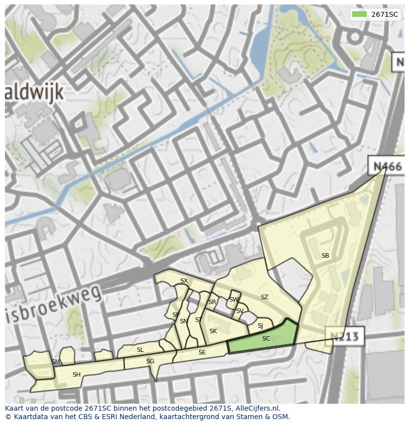 Afbeelding van het postcodegebied 2671 SC op de kaart.