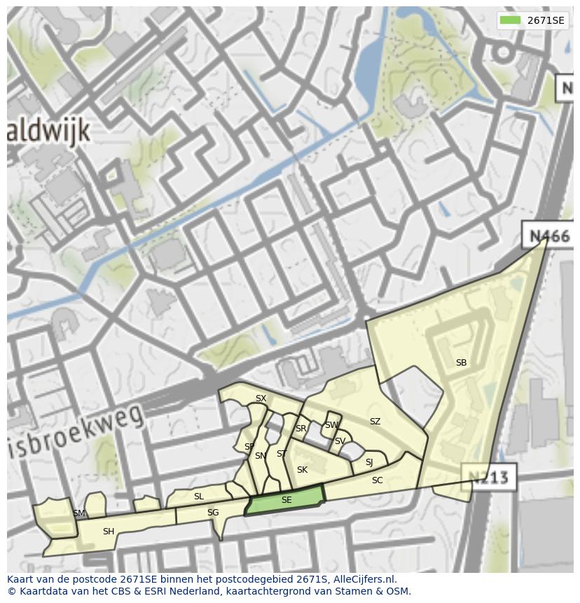 Afbeelding van het postcodegebied 2671 SE op de kaart.