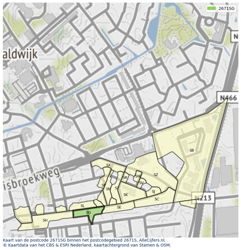 Afbeelding van het postcodegebied 2671 SG op de kaart.