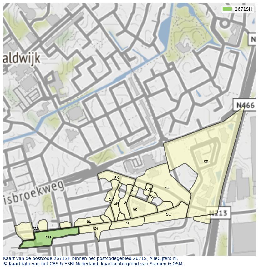 Afbeelding van het postcodegebied 2671 SH op de kaart.