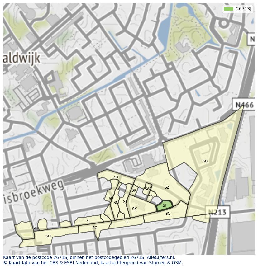 Afbeelding van het postcodegebied 2671 SJ op de kaart.